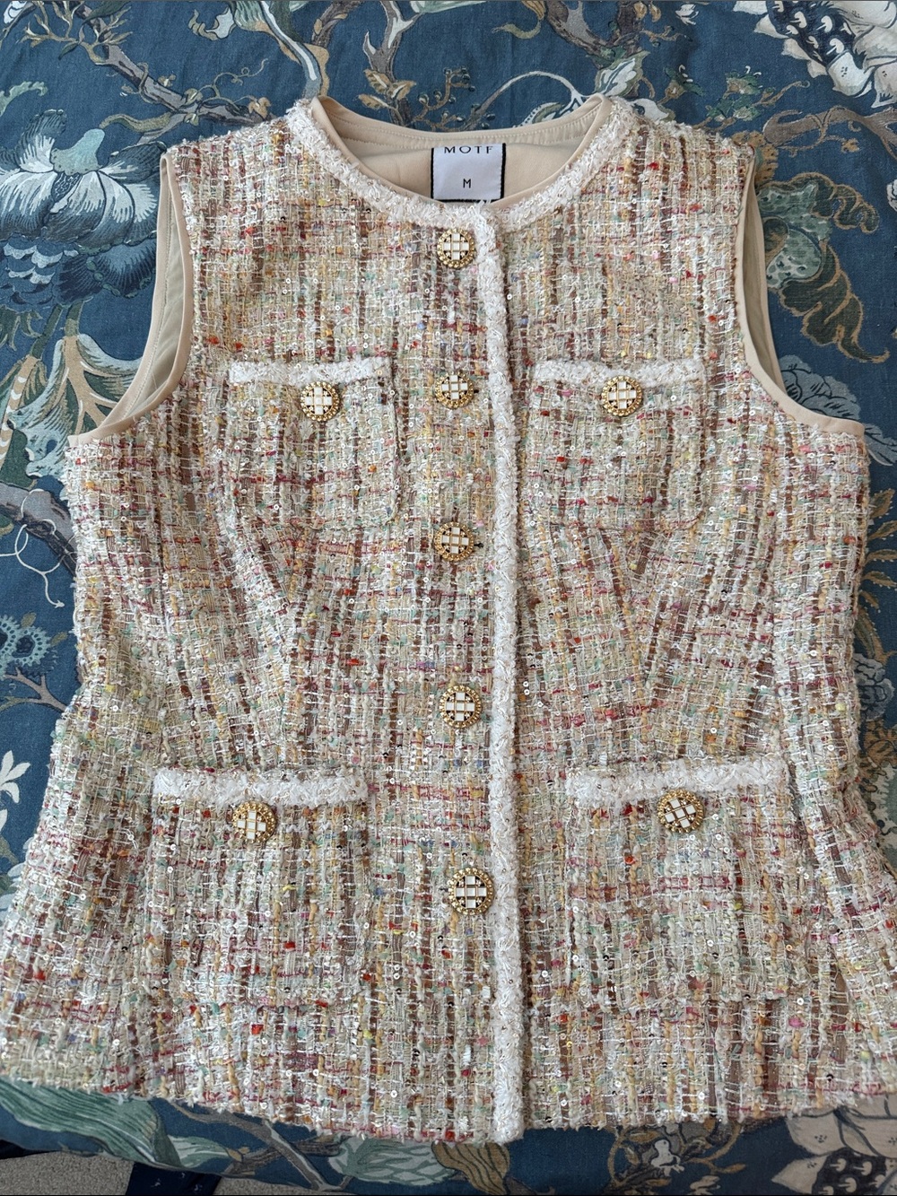 MOTF Cream Multicolor Tweed Sleeveless Vest with Gold Buttons
